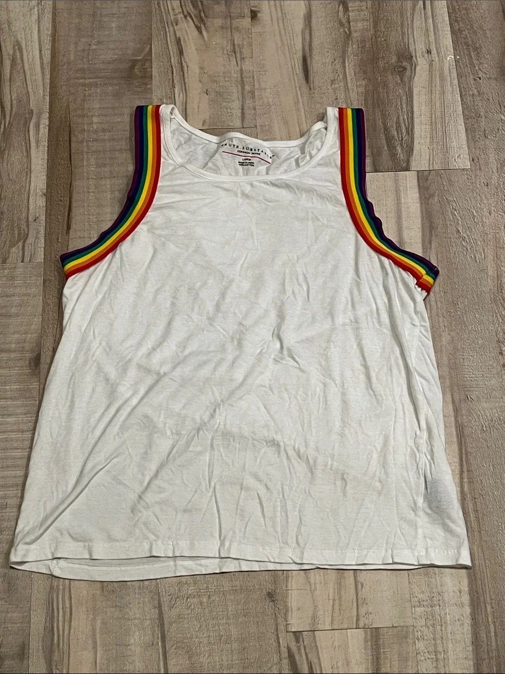 Truth Substance Common Sense White Tank Top with Rainbow Trim size Large